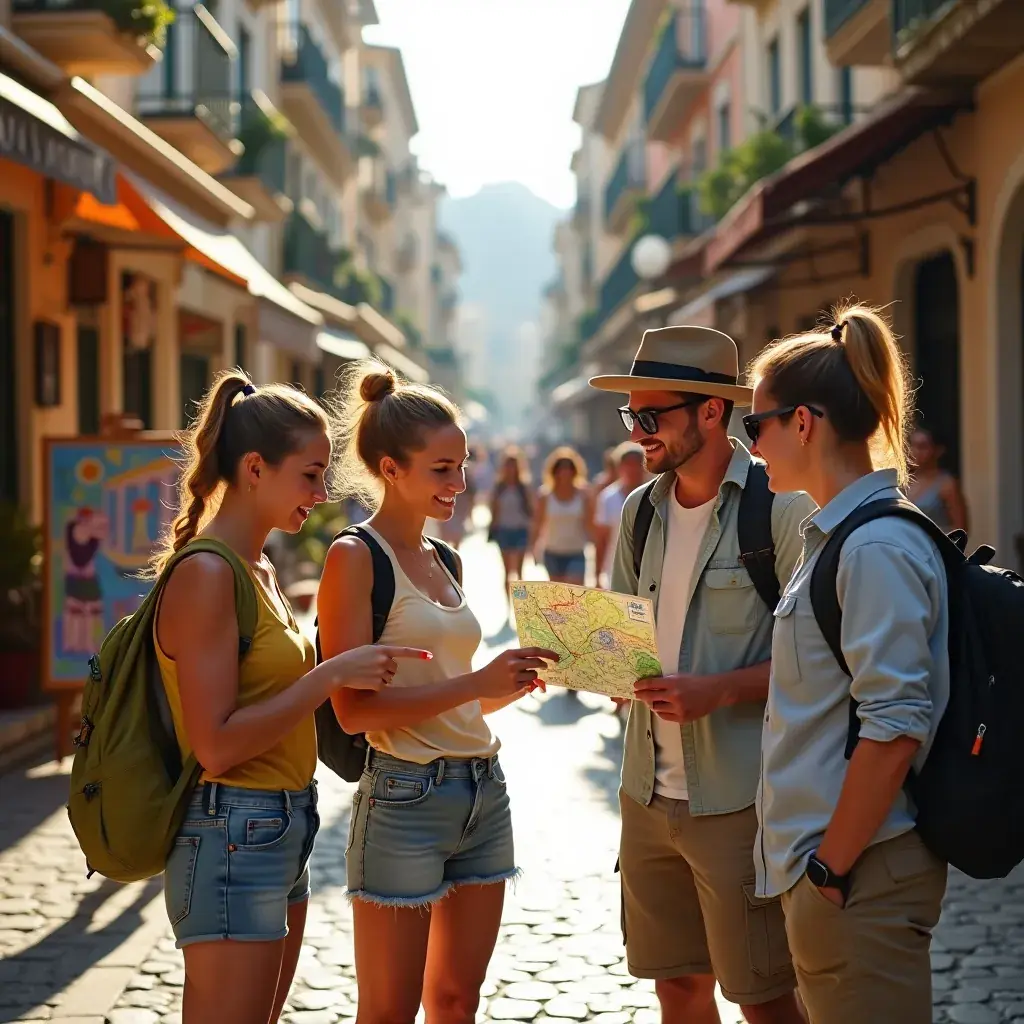 Χάρτης διαδρομών με γραφικά τοπία ταξιδιού.