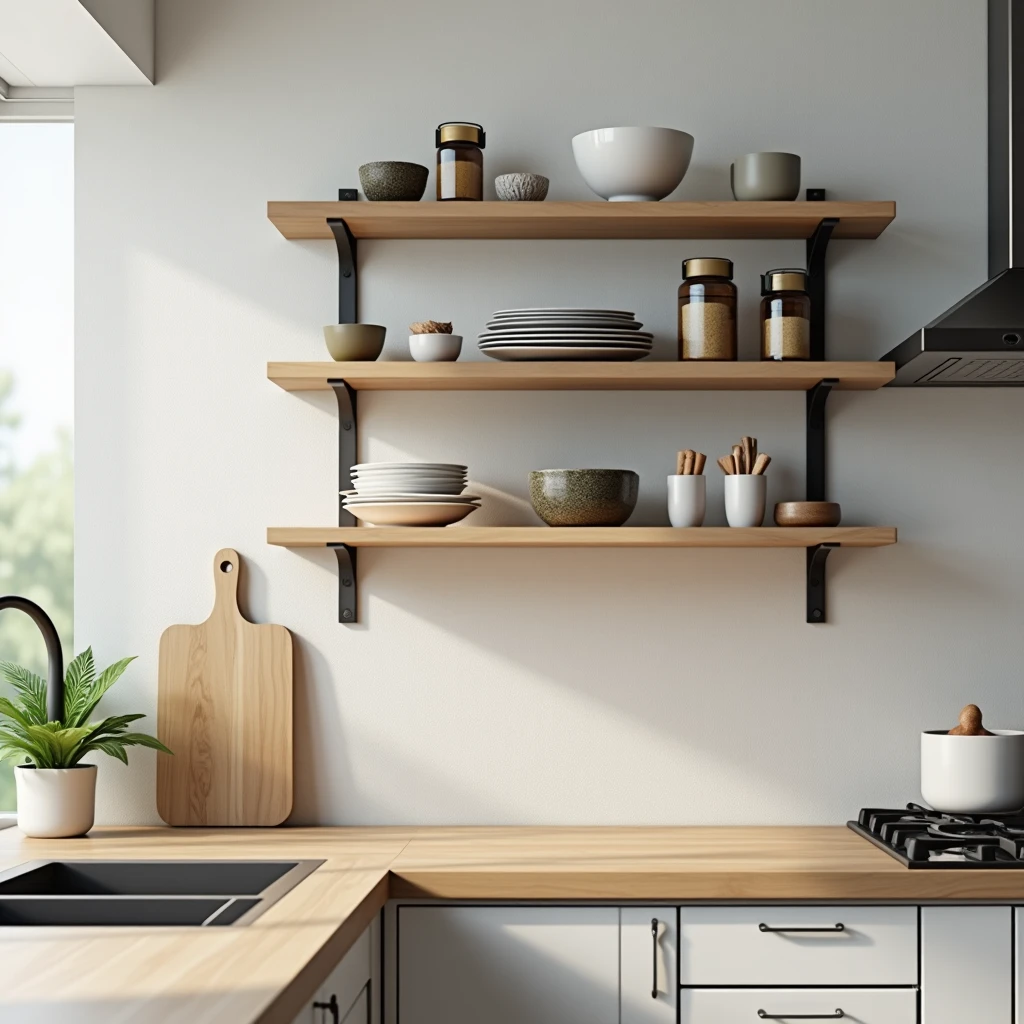 Küchenregal mit Holz- und Metallakzenten